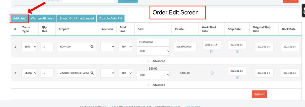 Add line on order edit screen.