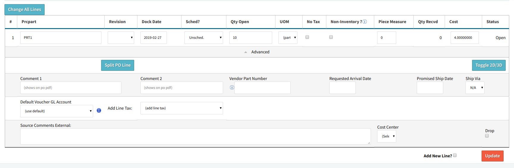 Edit View of PO line item with several editable fields.