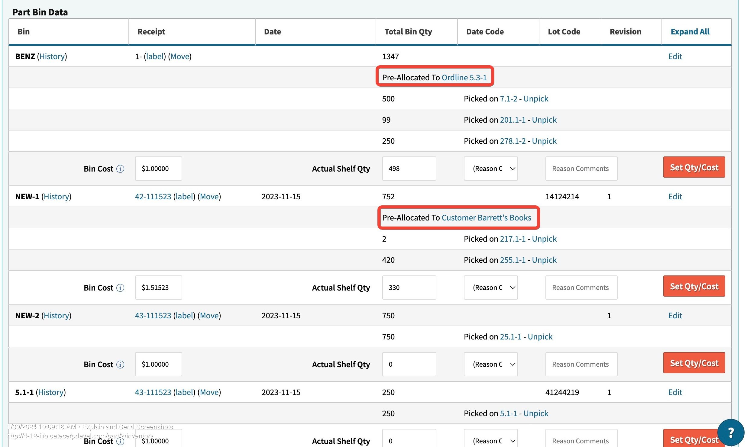 Screenshot showing bin preallocation in Cetec ERP.