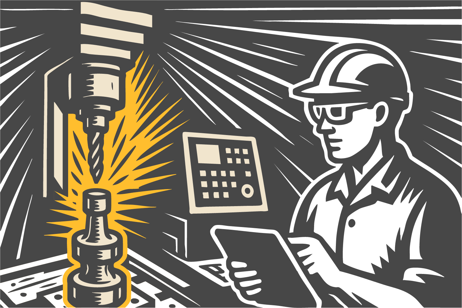 Stylized illustration of a machinist wearing a hard hat and safety glasses operating a CNC milling machine. A rotating drill bit machines a cylindrical metal part, highlighted with bright yellow sparks to emphasize active cutting. The operator monitors the process using a tablet, with a control panel visible in the background, suggesting precision metal fabrication and real-time production oversight.